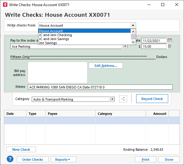 How do I write a check in Quicken?