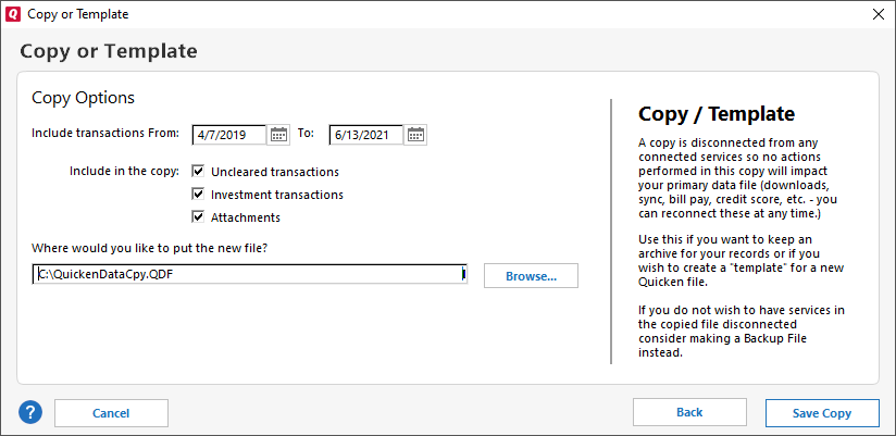 Copy or Template screen